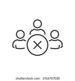 People icons: kicked out of a group, team, department. Team icon with cancel sign. Users icon and close, delete, remove concept. Cancel users sign. Reject members, Delete group