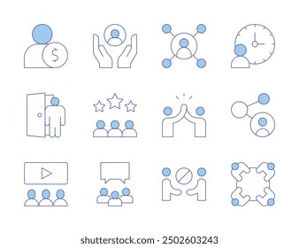 People icons. Line Duotone style, editable stroke. meeting, avoid, high five, care, workers, dismiss, time, audience, connect, connections, employee.