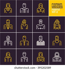 People icons, people line icons set, isolated stroke people icons on dark background