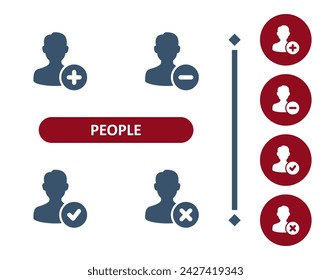 People Icons. Man, User, Avatar, Button, Add, Plus, Minus, Checkmark, Delete Icon. Professional, 32x32 pixel perfect vector icon.