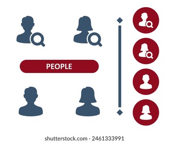 People Icons. Man, User, Avatar, Woman, Search, Find, Magnifying Glass, Magnifier Icon. Professional, 32x32 pixel perfect vector icon.