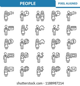 People Icons. Professional, pixel perfect icons, EPS 10 format. Designed at 32x32 pixel size. 2x magnification for preview.