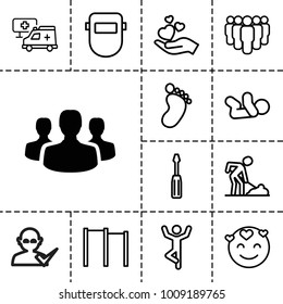 People icons. set of 13 editable outline people icons such as user group, foot print, baby, screwdriver, digging man, welder mask, emot in love, horizontal bar
