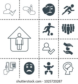 People icons. set of 13 editable filled and outline people icons such as baby, hands holding heart, group, football player, add user, human brain, escalator down, man in home