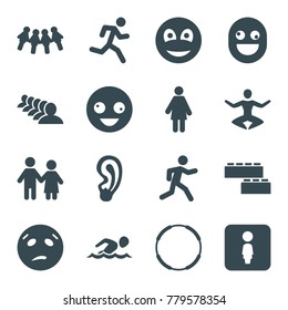 People icons. set of 16 editable filled people icons such as group, crazy emot, sweating emot, woman, couple, children, running man, hoop, running, smiley, child building kit