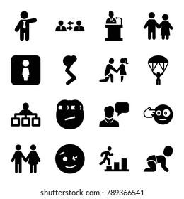 People icons. set of 16 editable filled people icons such as businessman, structure, family, wink emot, head bang emot, couple, man doing exercises, communication, speaker