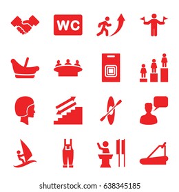 People icons set. set of 16 people filled icons such as man with flags, baby basket, wc, chatting man, ranking, group, gardener jumpsuit, treadmill, face, handshake, door bell