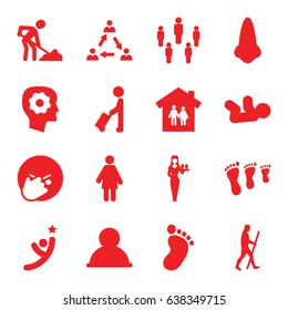 People icons set. set of 16 people filled icons such as man with luggage, foot print, baby, nose, casino girl, gear in head, digging man, facepalm emot, caveman, communication