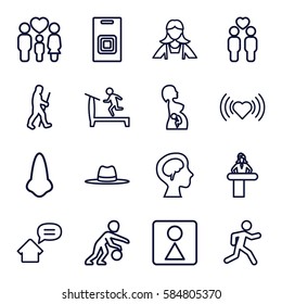 people icons set. Set of 16 people outline icons such as airport desk, nose, treadmill, heart, maid, female WC, hat, running, family, gay couple, human brain, pregnant woman