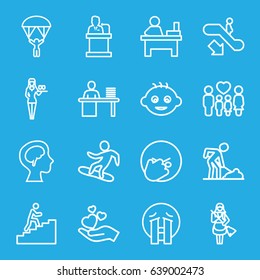 People icons set. set of 16 people outline icons such as escalator down, baby, casino girl, maid, table, digging man, family, hand holding heart, human brain