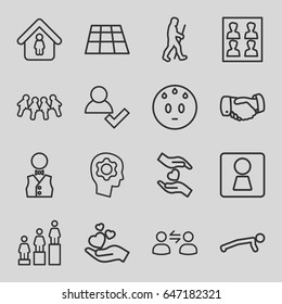 People icons set. set of 16 people outline icons such as woman wc, handshake, man in home, ranking, hands holding heart, hand holding heart, photo for passport, waiter
