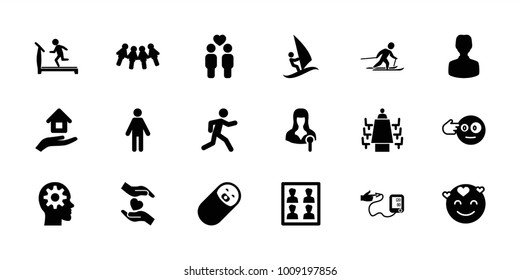 People icons. set of 18 editable filled people icons: treadmill, emot in love, head bang emot, man, children, user, running, hands holding heart, gay couple, woman speaker