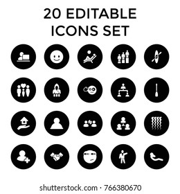 People icons. set of 20 editable filled people icons such as casino girl, smiling emot, head bang emot, rolling eyes emoji, user, abdoninal workout, family, add friend