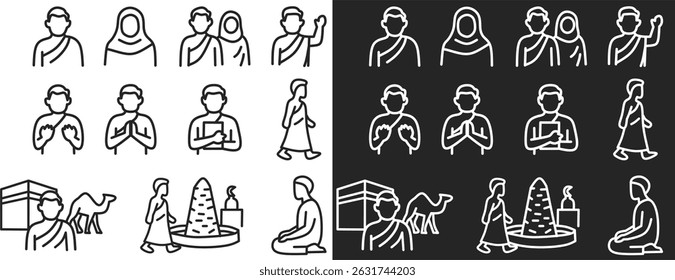 pessoas ícones conjunto 22 ícone conjunto de Hajj e Umrah contendo homens vestindo roupas ihram, mulheres vestindo roupas ihram, Kaaba, túmulos e camelos em fundo branco e preto.