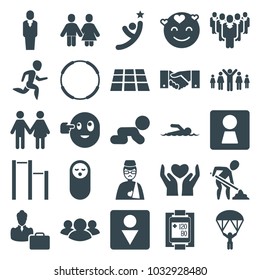 People icons. set of 25 editable filled people icons such as woman wc, baby food, male wc, family, emot in love, crawling baby, hoop, group, man with broken arm
