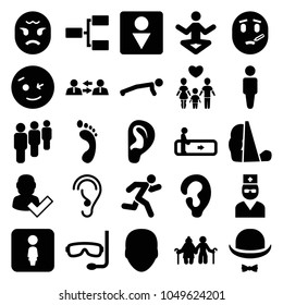 People icons. set of 25 editable filled people icons such as escalator, face, man, ear, male wc, user and tick, wink emot, old couple, man doing exercises, yoga, group