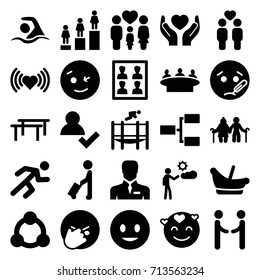 People icons set. set of 25 people filled icons such as man with luggage, baby basket, heart, ranking, group, smiling, wink, businessman, hands holding heart, family