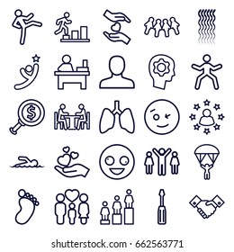 People icons set. set of 25 people outline icons such as foot print, man, curly hair, ranking, table, screwdriver, hands holding heart, family, hand holding heart, meeting
