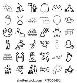 People icons. set of 36 editable outline people icons such as foot print, baby, hairdresser peignoir, heart, rolling eyes emoji, marriage proposal, old man