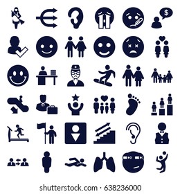 People icons set. set of 36 people filled icons such as escalator down, foot print, ear, treadmill, male wc, maid, ranking, smiling emot, sick emot, upset and worry emot