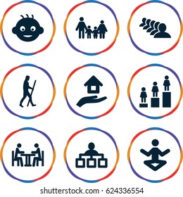 People icons set. set of 9 people filled icons such as baby, structure, group, ranking, meeting, house insurance, caveman, family