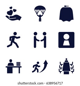 People icons set. set of 9 people filled icons such as woman wc, hairdresser peignoir, running, hand holding heart, man working at the table, meeting, man with parachute