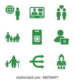 People icons set. set of 9 people filled icons such as casino girl, man with laptop, couple, tv speaker, door bell, globe and man, structure, family