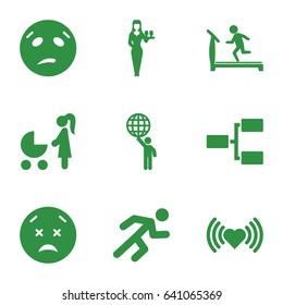 People icons set. set of 9 people filled icons such as treadmill, heart, casino girl, sweating emot, upset and worry emot, running, structure, man holding globe