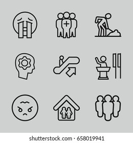 People icons set. set of 9 people outline icons such as escalator up, digging man, medical group, family home, gear in head, crying emoji, angry emoji, speaker