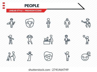 people icons set - architech working, surprised smile, bestman, confused smile, alien smile outline vector collection.