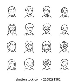 People icons set. Avatar men and women of different ages, young and old, linear icon collection. Portrait of a character with a face. Different gender and hairstyle. Line with editable stroke svg