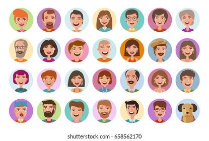 People Icons Set. Avatar Profile, Diverse Faces, Social Network, Chat Symbol. Cartoon Vector Illustration Flat Style