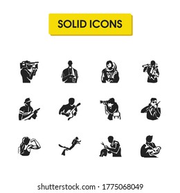 People icons set with cameraman, fireman and carpentry elements. Set of people icons and paparazzi concept. Editable vector elements for logo app UI design.