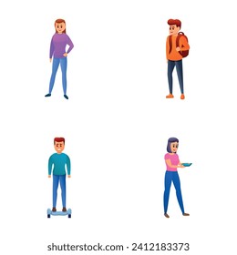 People icons set cartoon vector. Guy and girl with phone, backpack on hoverboard. Human character