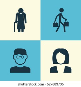 People Icons Set. Collection Of Delivery Person, Old Woman, Scientist And Other Elements. Also Includes Symbols Such As Grandma, Man, Old.