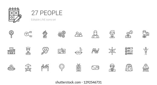 people icons set. Collection of people with doorman, ar glasses, id card, placeholder, desk, rest area, networking, exercise, kiss, color. Editable and scalable people icons.