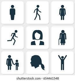 People Icons Set. Collection Of Female, Old Woman, Family And Other Elements. Also Includes Symbols Such As Woman, User, Walking.