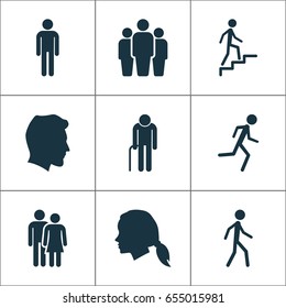 People Icons Set. Collection Of Jogging, Grandpa, Group Elements. Also Includes Symbols Such As Running, Couple, Head.