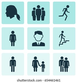 People Icons Set. Collection Of Ladder, Beloveds, Running And Other Elements. Also Includes Symbols Such As Climbing, Team, Work.