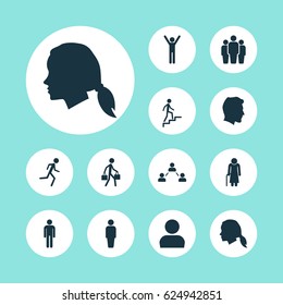 People Icons Set. Collection Of Running, Group, Network And Other Elements. Also Includes Symbols Such As Climbing, Group, Female.