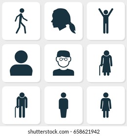 People Icons Set. Collection Of Scientist, User, Gentlewoman Head And Other Elements. Also Includes Symbols Such As Walking, Scientist, Avatar.