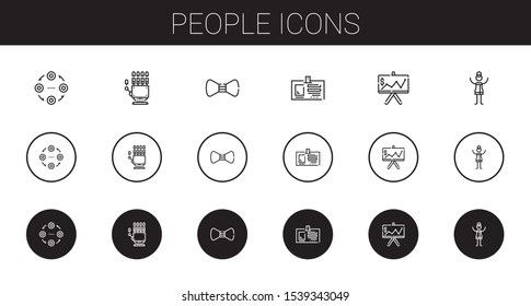 people icons set. Collection of people with structure, hand, bow tie, id card, presentation, woman. Editable and scalable people icons.