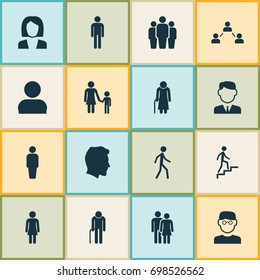 People Icons Set. Collection Of Work Man, Grandpa, Member Elements. Also Includes Symbols Such As Group, Businesswoman, Businessman.