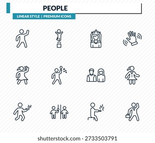 Conjunto de iconos de personas - hombre de baile, hombre saltando, avatar de la novia, frente de chica académica, colección de Vector de contorno de baile de hombre de negocios.