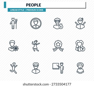 Conjunto de iconos de personas - Diablo de pie, avatar masculino, robar, psicólogo, colección de Vector de contorno de pierrot.