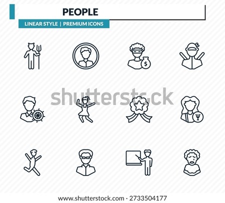 people icons set - devil standing up, masculine avatar, steal, psychologist, pierrot outline vector collection.