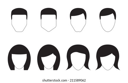 People icons set. Different man and woman face silhouettes. Templates for avatar, for app or web design. Vector male and female characters. 