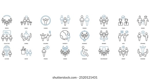 ícones de pessoas definidos. Conjunto de ícones de traçado editáveis.Conjunto de pessoas