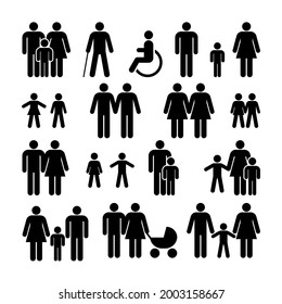 People Icons Set. Family, Men, Women, Couple, Children, Elderly, Disabled. Vector illustration.