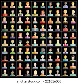 people icons set, people flat design icons on black background
